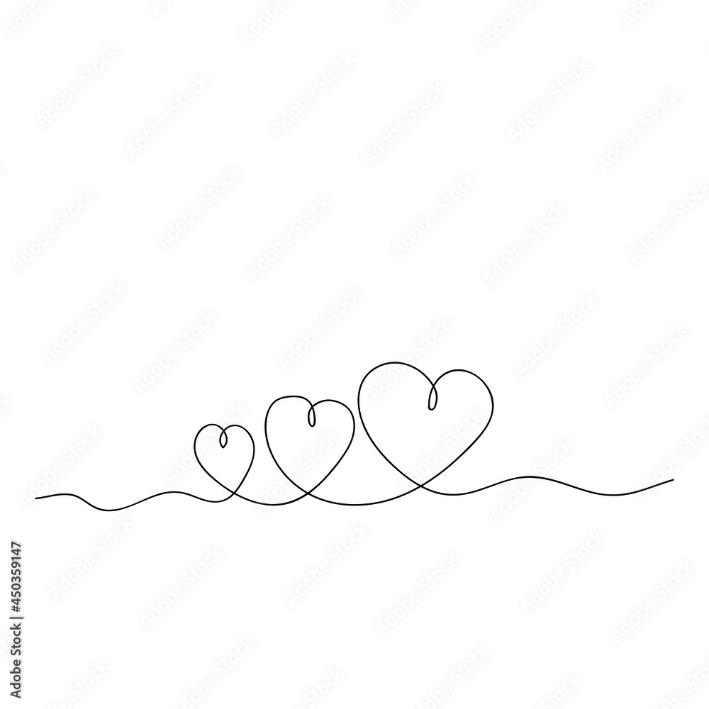 Three hearts drawn by one line. Human falling in love concept. Vector illustration.