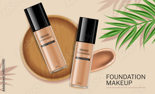 Foundation cosmetics vector realistic. Skin care bottles label design. produc...
