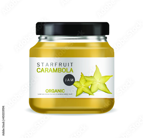 Starfruit jam vector realistic. Organic glass bottle label design. product placement 3d illustrations