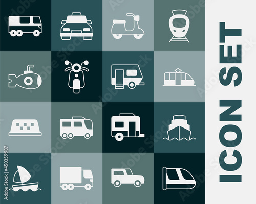 Set Train and railway, Cruise ship, Tram, Scooter, Submarine, Bus and Rv Camping trailer icon. Vector