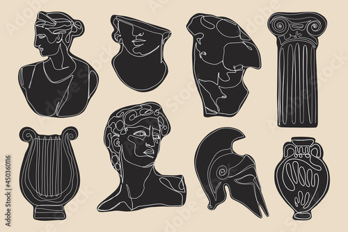 Ancient greek statues. Hand drawn one line antique sculptures, black mythology characters. Vector art photo