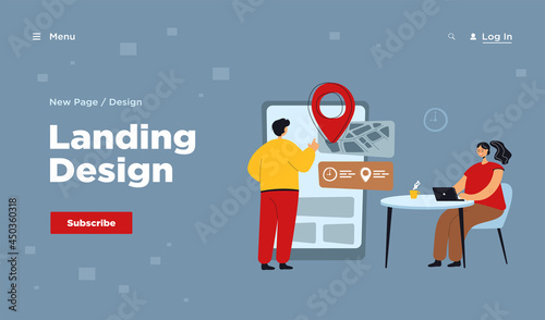 Digital technology users using appointment and booking app on giant smartphone. Man standing at screen with online map with pointer and calendar. For business application, internet concept