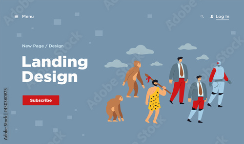Human evolution to robot line. Primate monkey, ancestor, caveman, business man, man with bionic limb, cyborg. Vector illustration for anthropology, intelligence development concept