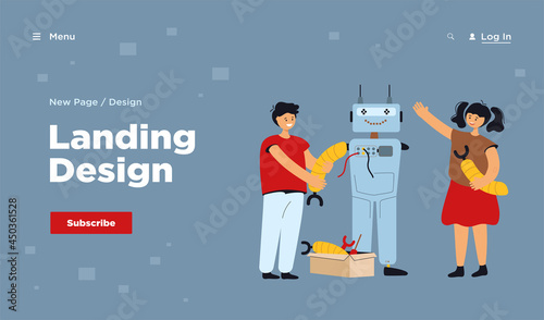 Happy children making robot for school project flat vector illustration. Cartoon students learning robotics with teacher. Engineering technology and education concept