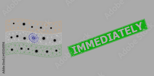Mesh polygonal waving India flag with outbreak items and distress Immediately rectangle seal. Abstraction is created from waving India flag with black Covid items.