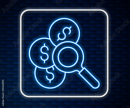Glowing neon line Search for money icon isolated on brick wall background. Vector