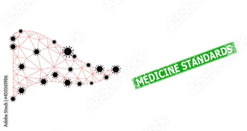 Mesh polygonal waving red triangle flag designed using outbreak particles and distress Medicine Standards rectangle stamp seal.
