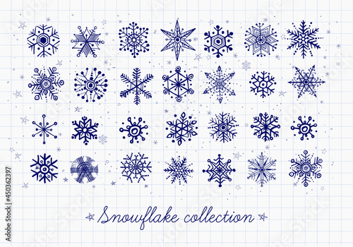 Blue pen doodle snowflakes on lined paper background