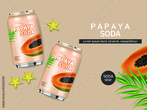 Papaya canned juice drink vector realistic. Product placement package fresh n...