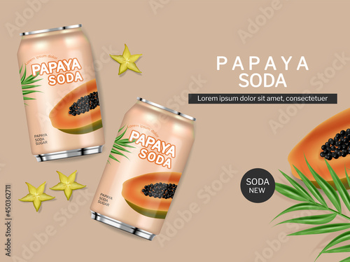 Papaya canned juice drink vector realistic. Product placement package fresh n...