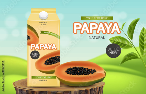 Papaya juice drink vector realistic. Product placement package fresh natural ...