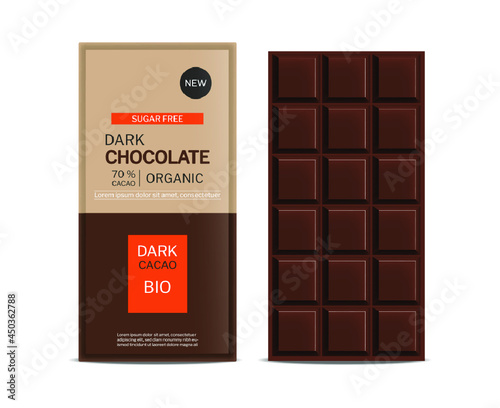 Dark chocolate bar vector realistic. Product placement design package mock up...