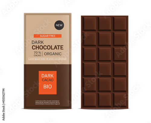 Dark chocolate bar vector realistic. Product placement design package mock up...
