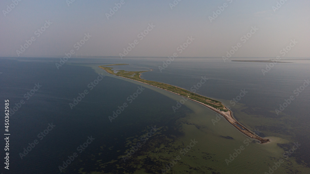 Aerial view of the Kalanchatsky Bird Island. An uninhabited island in the Black Sea near the town of Khorly. Ukraine