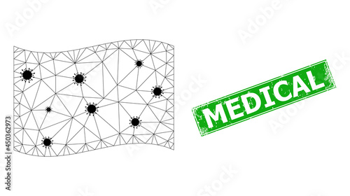 Mesh polygonal waving black flag designed using outbreak items and distress Medical rectangle stamp seal. Abstraction is created from waving black flag with black coronavirus elements.