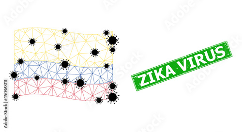 Mesh polygonal waving Colombia flag with lockdown particles and grunge Zika Virus rectangle stamp seal. Model is designed on windy Colombia flag with black virus nodes.