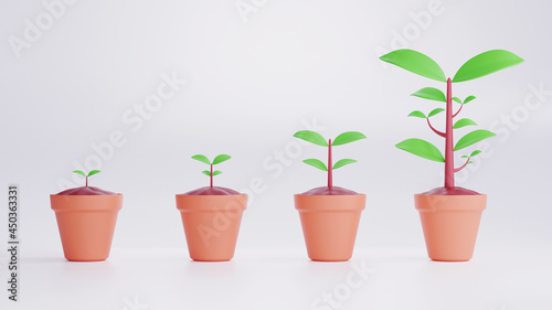 Plant growing stages. 3d render Timeline of planting tree process isolated on white background.life is like tree  step growing of plants  plants progress  grow up.Trees and growth in a brown pot.