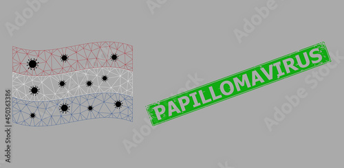 Mesh polygonal waving Netherlands flag designed using lockdown particles and distress Papillomavirus rectangle seal. Model is created from waving Netherlands flag with black Covid particles.
