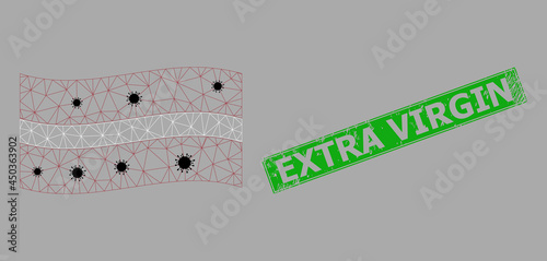 Mesh polygonal waving Latvia flag with infection particles and grunge Extra Virgin rectangle badge. Carcass model is based on waving Latvia flag with black infection items.