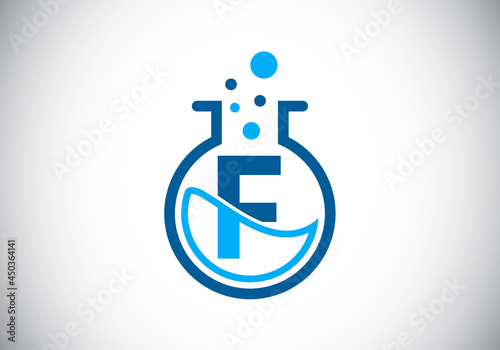 Initial F monogram alphabet with lab glass, chemical liquid, and bubbles. Lab logo. Logo for science, and technology business and company identity