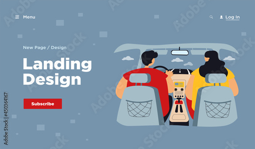 Back view of couple inside car isolated flat vector illustration. View from backseat. Cartoon driver driving and passenger sitting near him. Automobile interior and navigation concept
