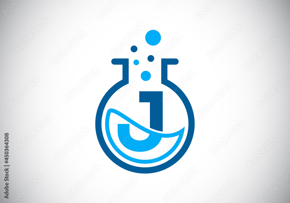 Initial J monogram alphabet with lab glass, chemical liquid, and bubbles. Lab logo. Logo for science, and technology business and company identity