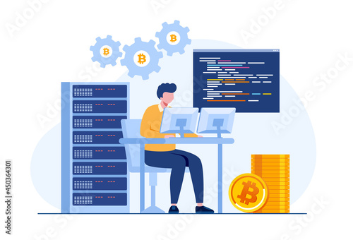 bitcoin mining with supercomputer, coin farming, cryptocurrency concept, flat illustration vector