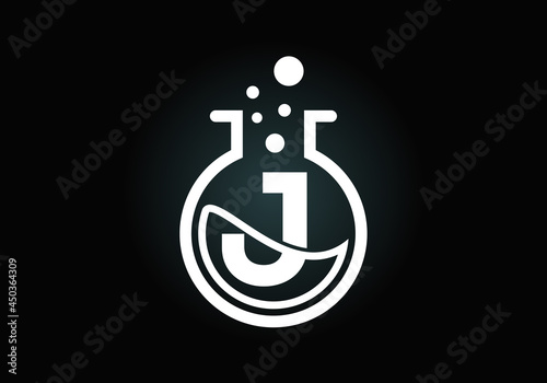 Initial J monogram alphabet with lab glass, chemical liquid, and bubbles. Lab logo. Logo for science, and technology business and company identity