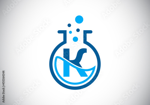 Initial K monogram alphabet with lab glass, chemical liquid, and bubbles. Lab logo. Logo for science, and technology business and company identity