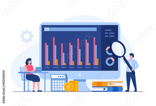 business analyst with dashboard, performance audit, accounting concept, flat illustration vector