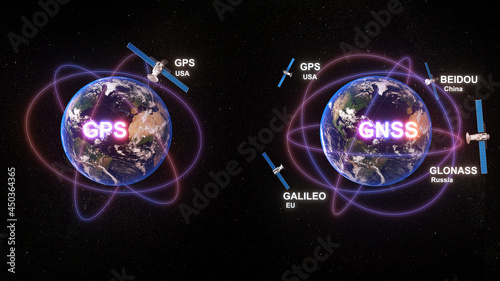 Communication technology between GPS system and GNSS system.standard generic term for satellite navigation systems,gps and gnss technology,3d rendering photo