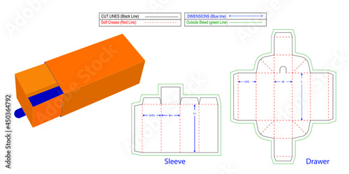 Easily foldable Drawer style sleeve gift box jewelry cardboard gift boxes, dieline template and 3D vector file
