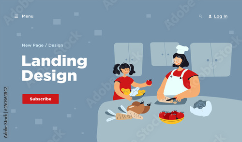 Happy mom and daughter kid cooking salad together in kitchen, cutting fresh vegetables for family lunch at home. Flat vector illustration healthy eating, organic food concept