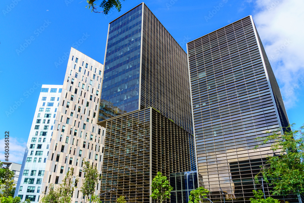 Modern office buildings in the 22nd financial district of Barcelona.