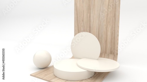 Fototapeta Naklejka Na Ścianę i Meble -  Minimalist wooden podium with Abstract geometric display scene for product presentation on the white background, 3d rendering, 3d illustration