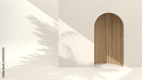 Minimalist wooden podium with abstract composition display scene for product presentation on the cream background  3d rendering  3d illustration