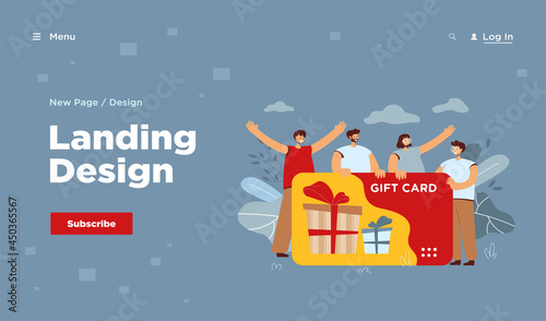 Happy customers getting gift card from store or shop. Consumers with voucher celebrating sale season. Vector illustration for shopping, present, bonus program, retail concept