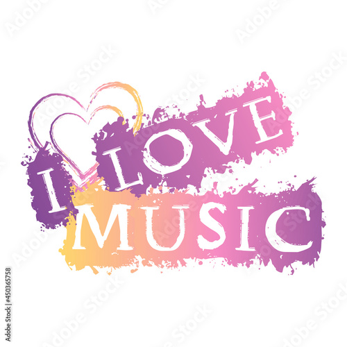 Colorful i love music lettering with a Hand-drawn heart. Isolated sticker in a modern purple-yellow gradient . Design of postcard, poster, banner and t-shirt for music fans