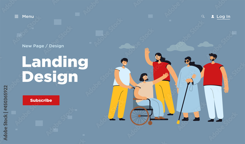 Smiling volunteers helping disabled people isolated flat vector illustration. Cartoon character giving support for handicapped men and women. Volunteering, assistance and disability concept Smiling volunteers helping disabled people isolated flat vector illustration. Cartoon character giving support for handicapped men and women. Volunteering, assistance and disability concept