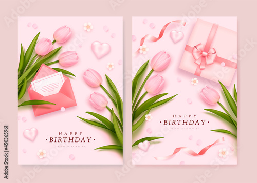 Set of happy birthday greeting card with realistic pink tulip, envelope and gift box. Vector illustration