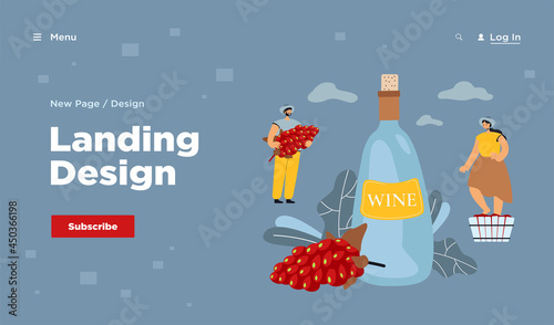 Happy couple producing natural wine isolated flat vector illustration. Cartoon male and female characters growing vines of organic grapes. Alcohol and wine production concept