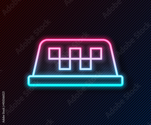 Glowing neon line Taxi car roof icon isolated on black background. Vector