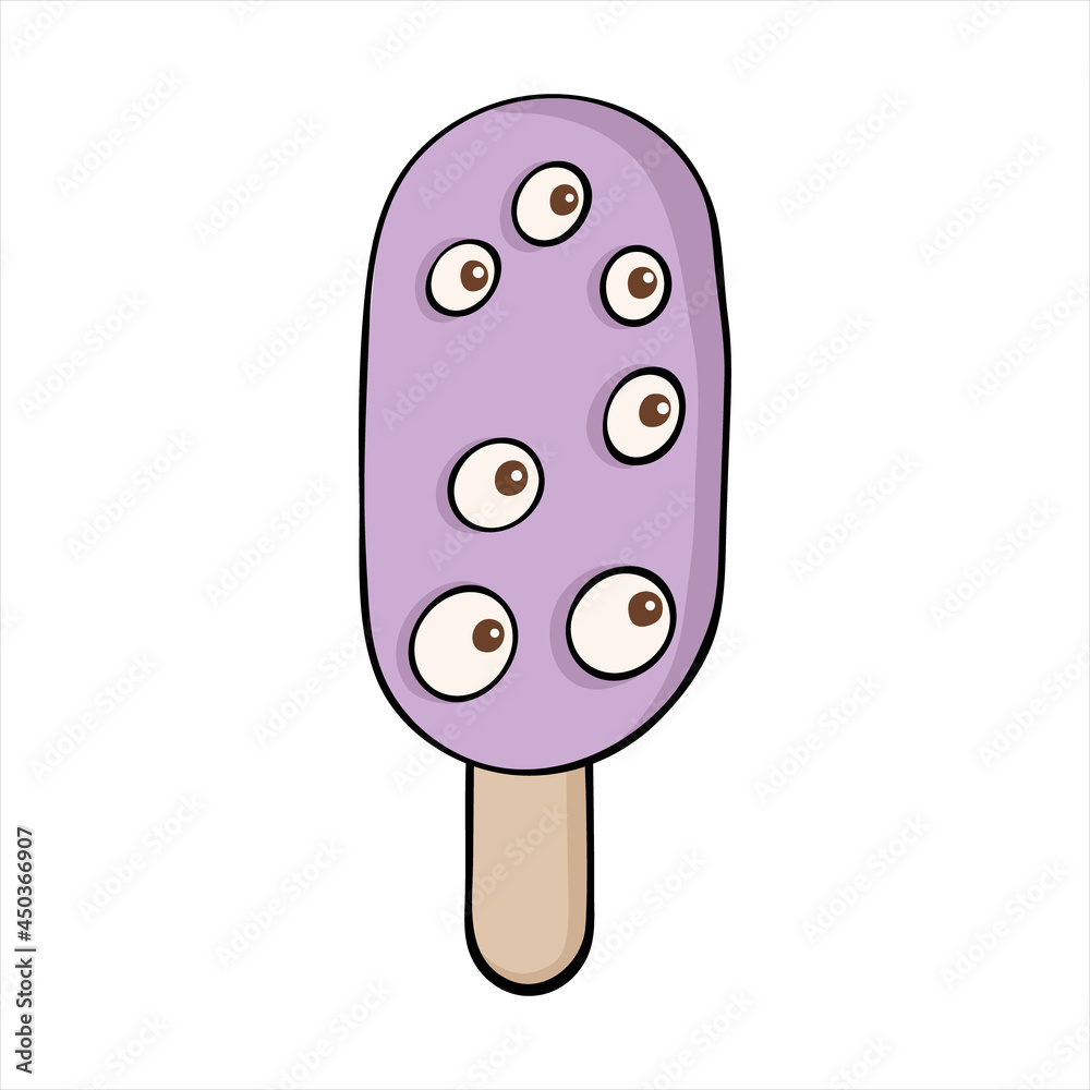 Happy Halloween chocolate ice cream character. many eyes. Cute doodle flat vector sweet holiday symbol.