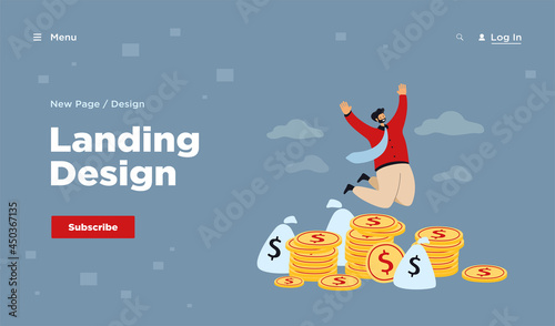 Happy millionaire jumping near pile of coins flat vector illustration. Cartoon businessman or banker celebrating income growth. Finance and stock market concept