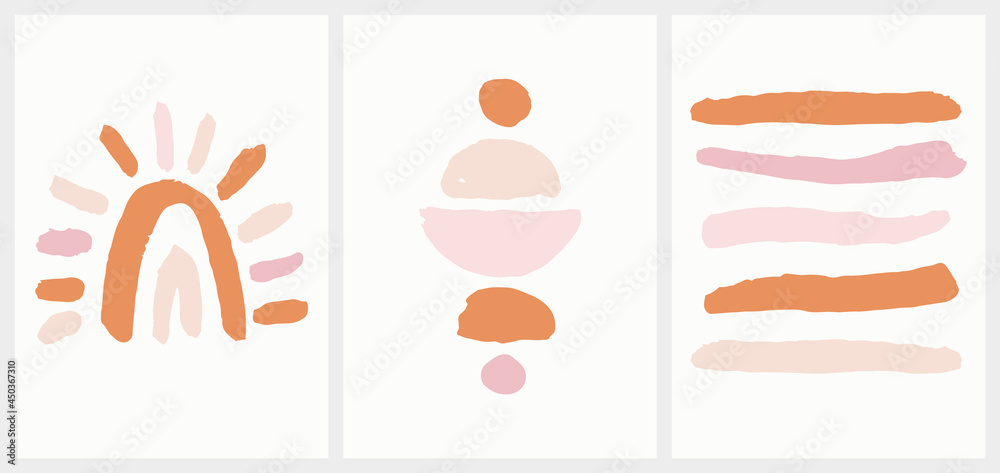 Hand Drawn Wall Decor with Abstract Shapes. Cute Set in Pastel and Earthy Colors. Vector Isolated Elements. Bohemian Style. Neutral Nursery Art Design for Room Decoration, Cards, Invitations, Posters.