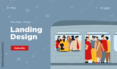 Commuting, transport and overpopulation concept. Crowd of passengers traveling by subway train, standing tight in overcrowded carriage. Flat vector illustration