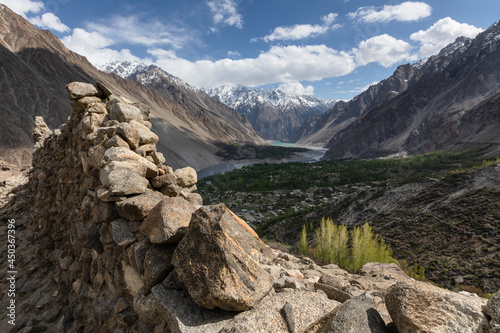 Panoramic view from ruined fort in Hunza valley. High quality photo