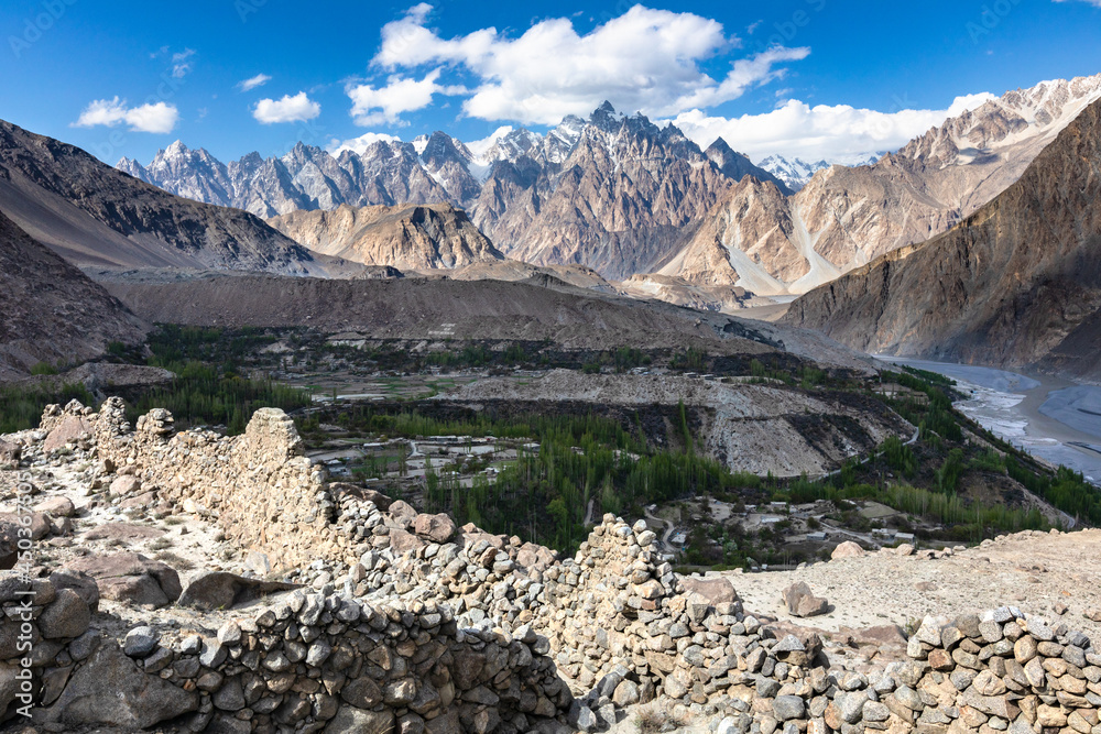 Panoramic view from ruined fort in Hunza valley. High quality photo