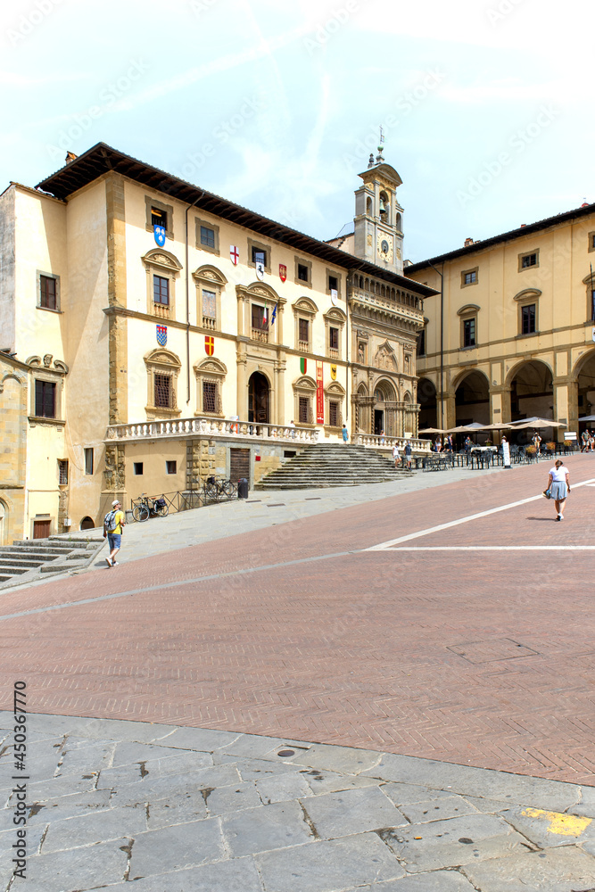 Piazza Grande the main square of tuscan Arezzo city, Italy - View at the Palace of Fraternita of Laici and the Logge Vasari