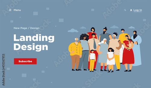 Multinational crowd of people standing together flat vector illustration. Portrait of cartoon diverse young and old men, women and kids. Multicultural society and community concept